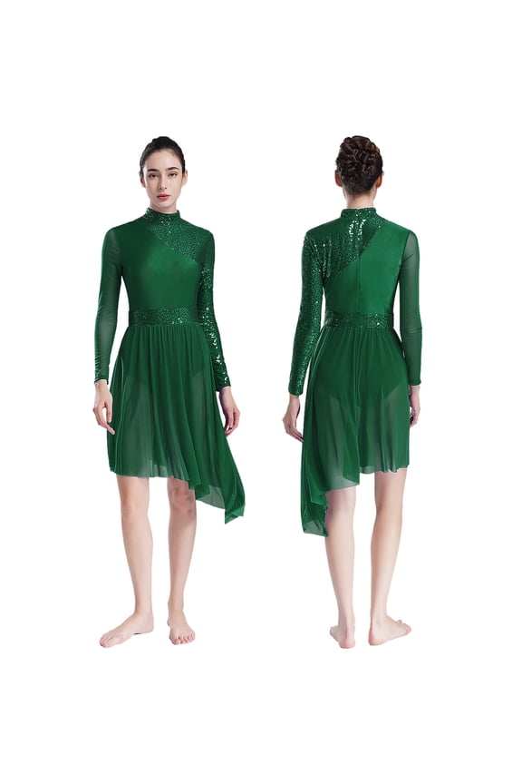 Women's Sequin Lyrical Contemporary Ballet Dance Dress Irregular Dancewear Green M