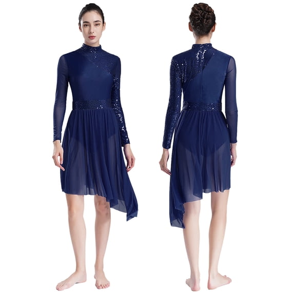 iiniim Women's Sequin Lyrical Contemporary Ballet Dance Dress Irregular Dancewear Navy Blue XXL