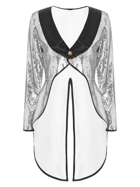 Women's Sequin Ringmaster Cosplay Circus Show Blazer Jacket Uniform Victorian Tailcoat Silver S