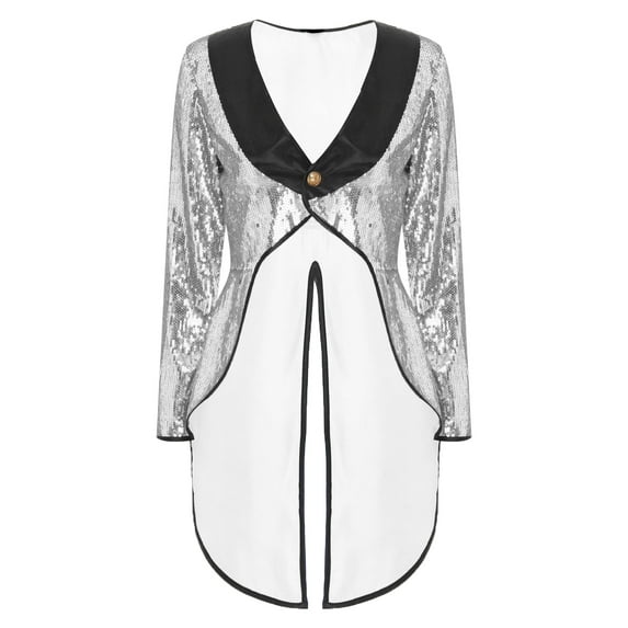 iiniim Women's Sequin Ringmaster Cosplay Circus Show Blazer Jacket Uniform Victorian Tailcoat Silver XL
