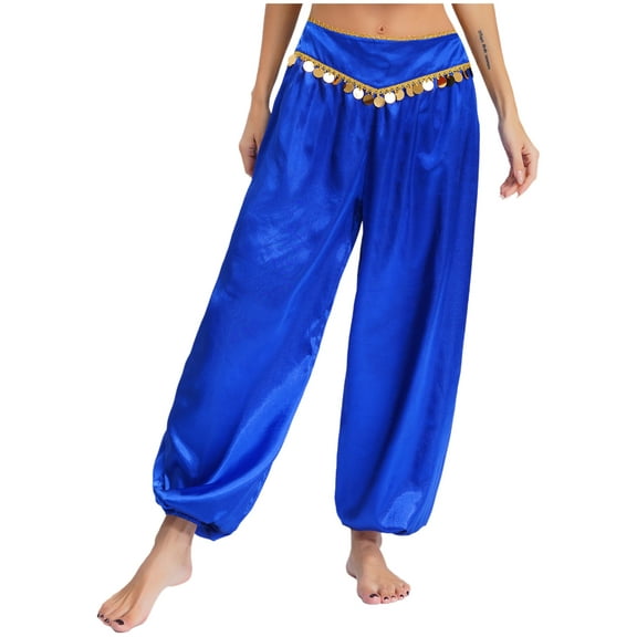 iiniim Women's Sequin Trim Bellly Dance Elastic Waistband Harem Pants India Dance Trousers Royal Blue XXL