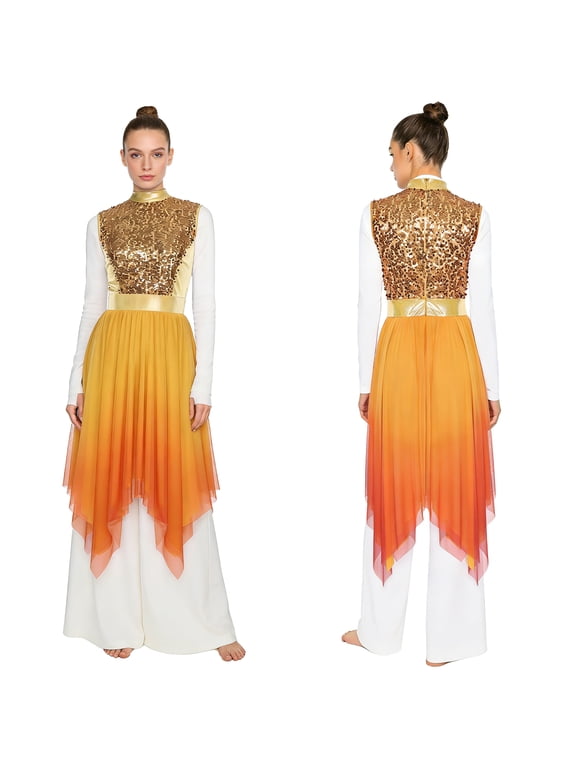 Women's Sequined Liturgical Worship Praise Dance Dresses Gradient Mesh Irregular Church Worship Tunic Gold L