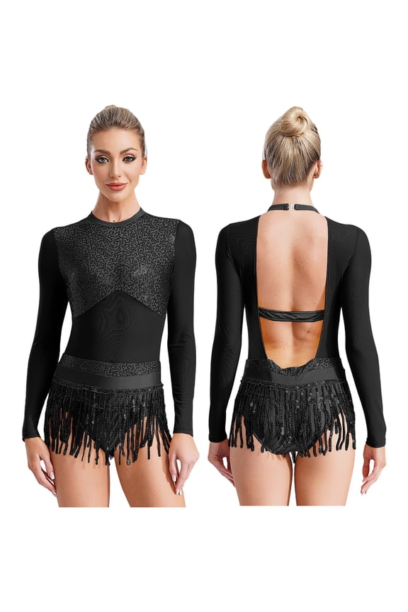 Women's Sequins Lyrical Latin Dance Dress Mesh Leotard Tassel Ballroom Salsa Party Costume Black 14