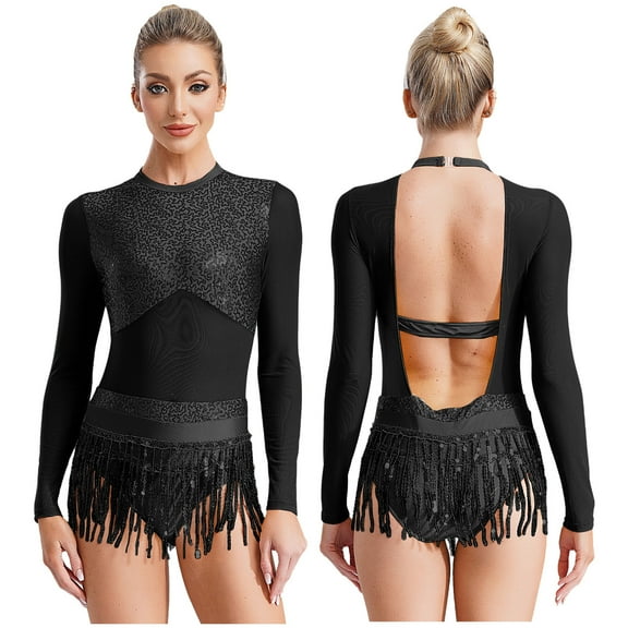 iiniim Women's Sequins Lyrical Latin Dance Dress Mesh Leotard Tassel Ballroom Salsa Party Costume Black 16