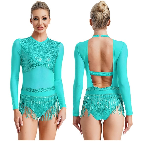 iiniim Women's Sequins Lyrical Latin Dance Dress Mesh Leotard Tassel Ballroom Salsa Party Costume Light Blue 16