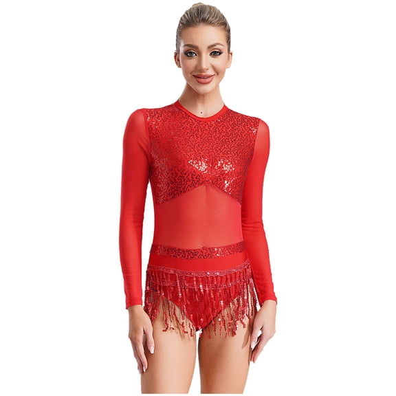 iiniim Women's Sequins Lyrical Latin Dance Dress Mesh Leotard Tassel Ballroom Salsa Party Costume Red 16