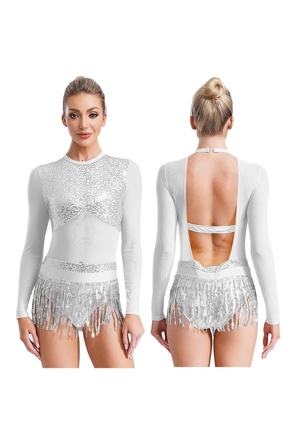 Women's Sequins Lyrical Latin Dance Dress Mesh Leotard Tassel Ballroom Salsa Party Costume Silver 16