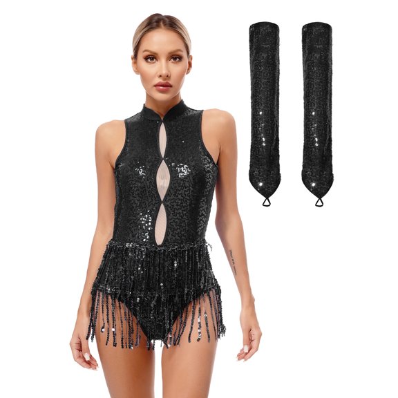 iiniim Women's Sequins Salsa Tango Jazz Dance Bodysuit with Gloves Tassels Ballroom Leotard Jumpsuit Black XXL