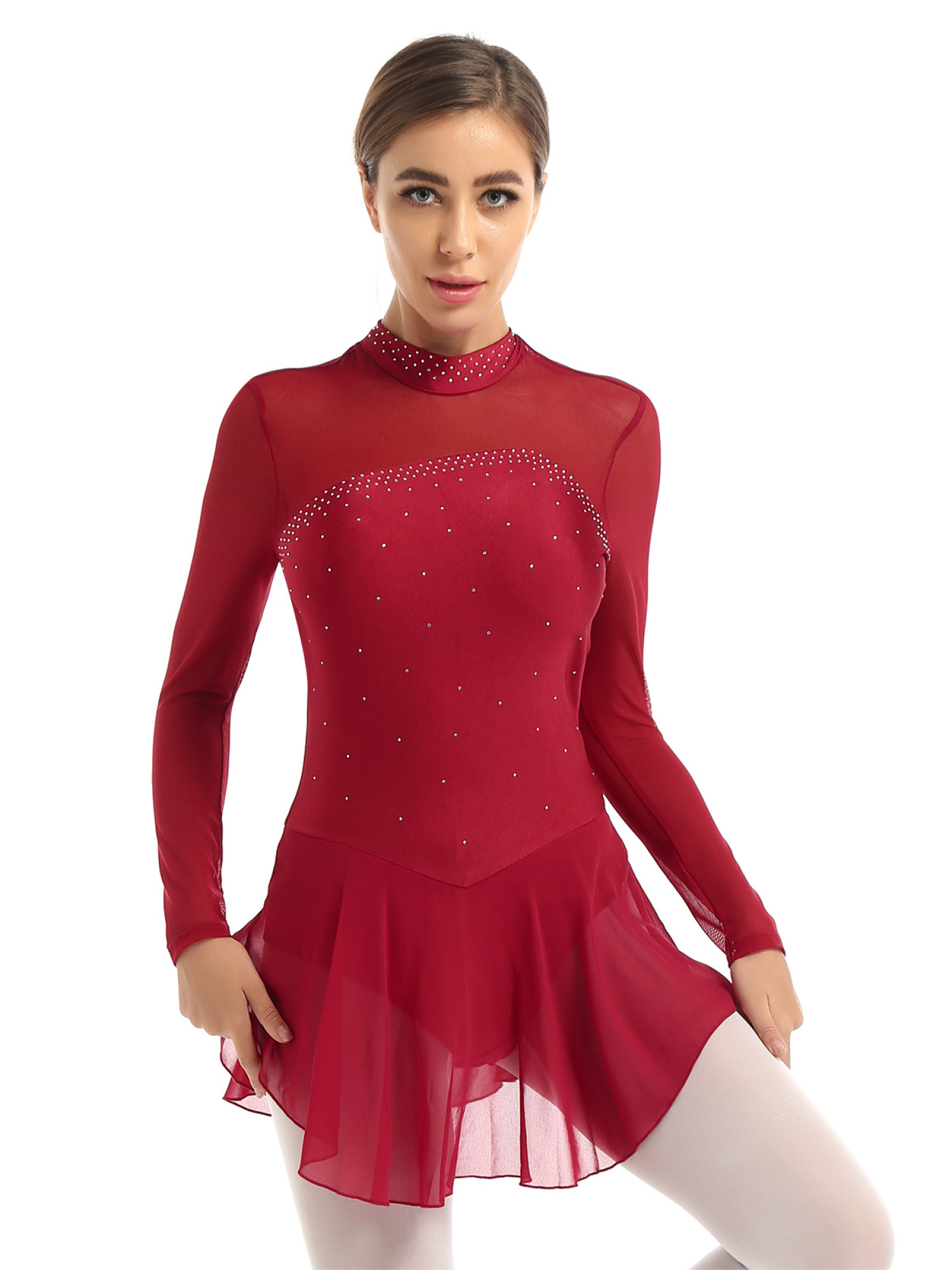 iiniim Women's Sheer Mesh Shiny Rhinestones Figure Ice Skating Dress