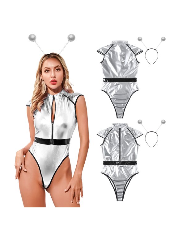 Women's Shiny Metallic Alien Cosplay Zip Up Leotard Jumpsuit Bodysuit with Headband Silver M