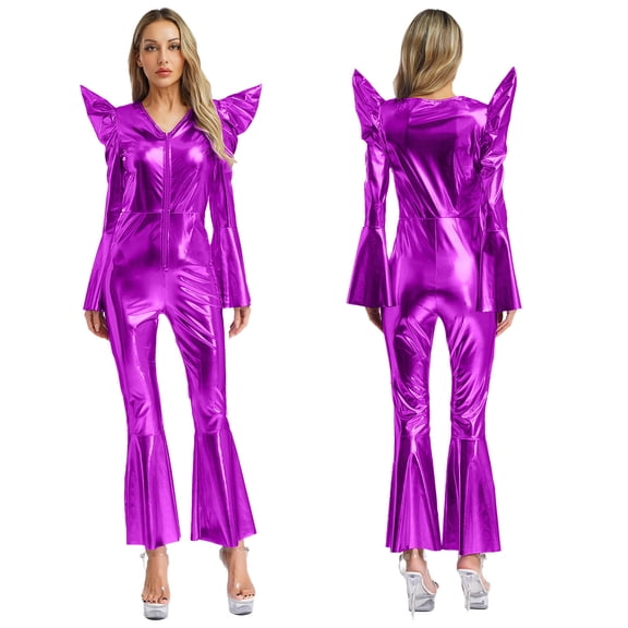 iiniim Women's Shiny Metallic Disco Jumpsuit Long Sleeve High Waist Front Zip Bell Bottom Hippie Romper Purple S