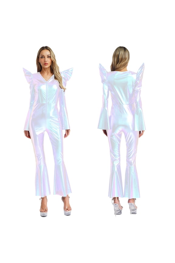 Women's Shiny Metallic Disco Jumpsuit Long Sleeve High Waist Front Zip Bell Bottom Hippie Romper Shiny Silver M