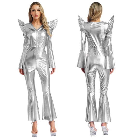 iiniim Women's Shiny Metallic Disco Jumpsuit Long Sleeve High Waist Front Zip Bell Bottom Hippie Romper Silver M
