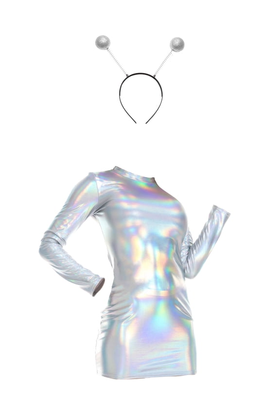 Women's Shiny Metallic Mock Neck Long Sleeves Bodycon Mini Club Party Dress with Headband A Silver XXL