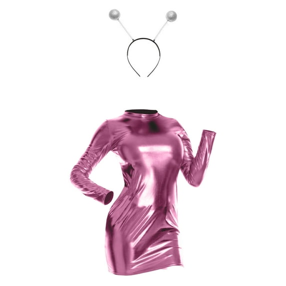 iiniim Women's Shiny Metallic Mock Neck Long Sleeves Bodycon Mini Club Party Dress with Headband Pink XXL