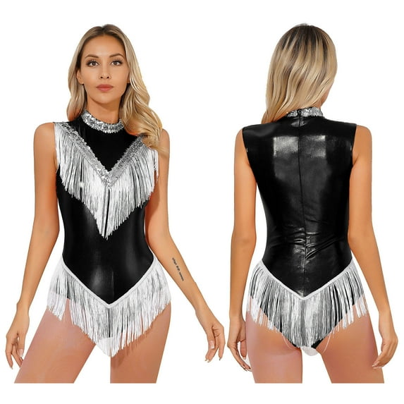 iiniim Women's Shiny Metallic Sleeveless Fringed Bodysuit Sequins Jazz Latin Dance Dress Gymnastic Leotard Black S