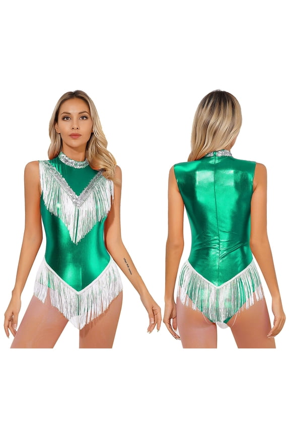 Women's Shiny Metallic Sleeveless Fringed Bodysuit Sequins Jazz Latin Dance Dress Gymnastic Leotard Green S