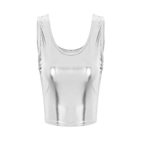 iiniim Women's Shiny Metallic Vest Rave Festival Clubwear Crop Top Dance Tank Tops Blouse Dancewear