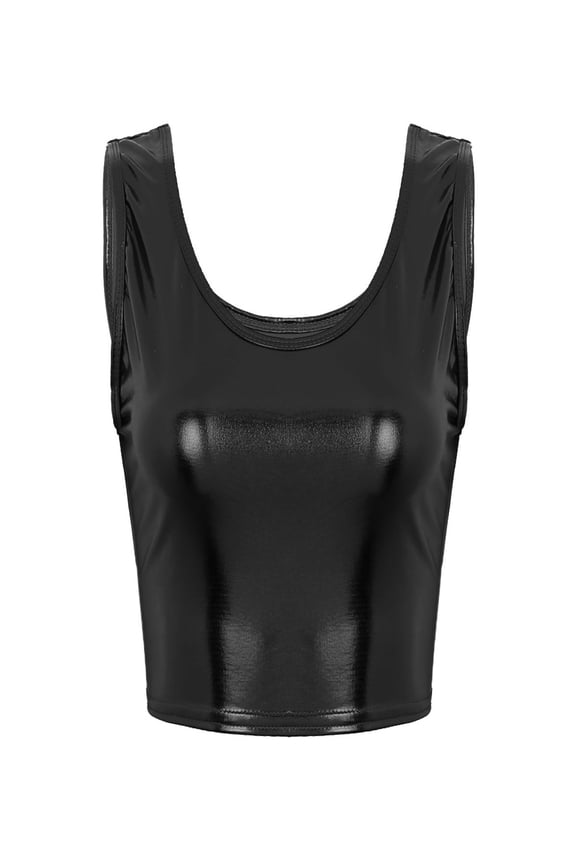 Women's Shiny Metallic Vest Rave Festival Clubwear Crop Top Dance Tank Tops Blouse Dancewear