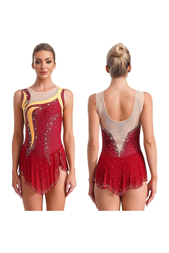 Women's Sparkly Rhinestone Sleeveless Figure Skating Dance Dress Lyrical Ballet Leotard Dancewear Burgundy S