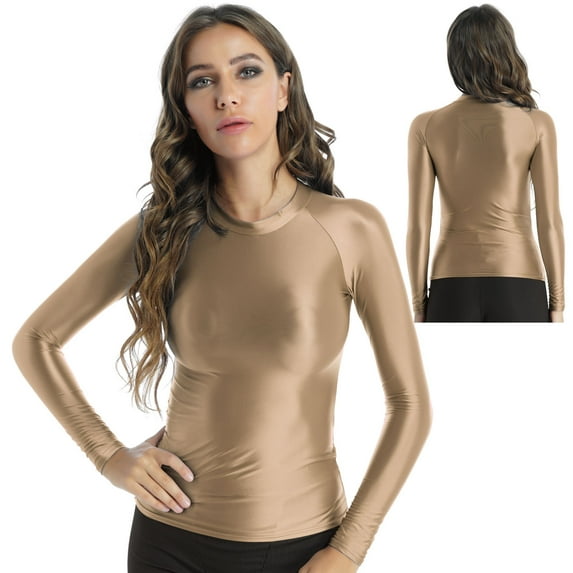 iiniim Women's Shiny Silky Long Sleeves T-Shirt Gym Top Yoga Shirts Casual Compression Workout Tops