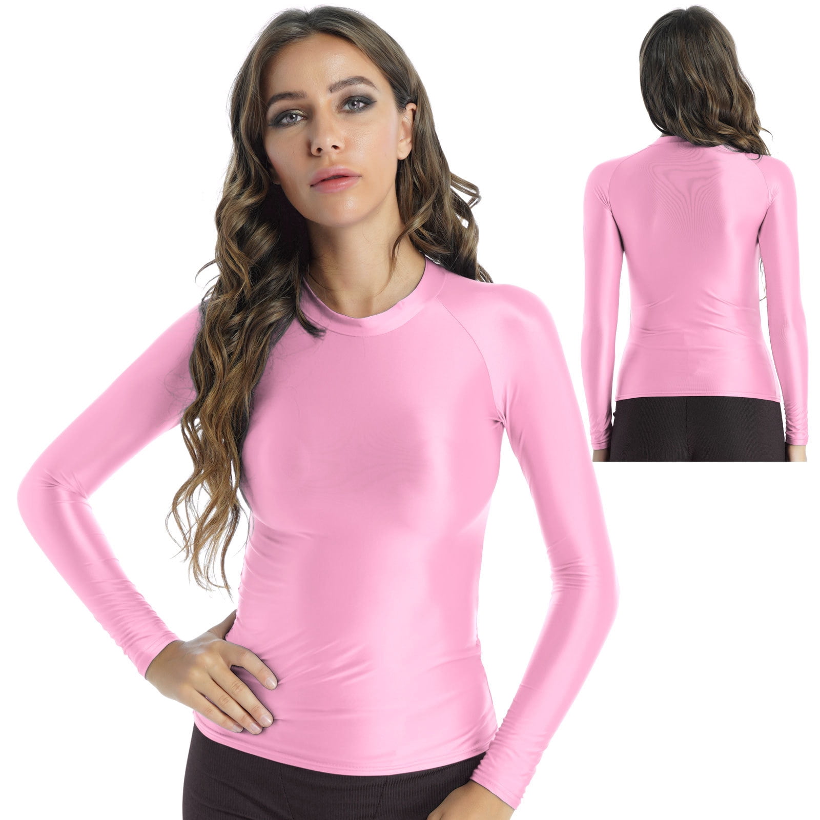 iiniim Women's Silky Glossy Long Sleeve T-Shirt, Slim Fit