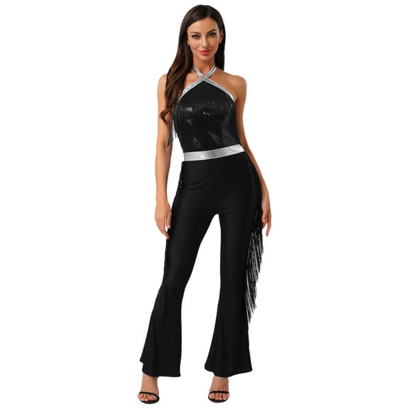 iiniim Women's Sleeveless Halter Neck Sparkly Sequin Fringe Jumpsuit Tassel Dance Outfit for Rave Party Black XXL