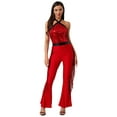 thumbnail image 1 of iiniim Women's Sleeveless Halter Neck Sparkly Sequin Fringe Jumpsuit Tassel Dance Outfit for Rave Party Red S, 1 of 7