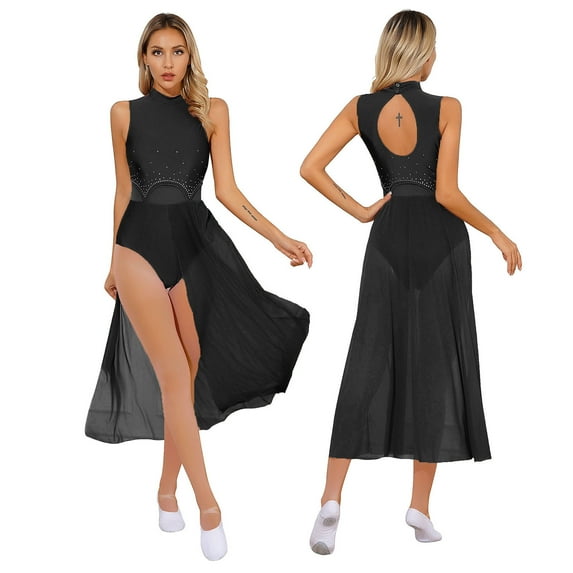 iiniim Women's Sleeveless Mock-Neck Cutout Back Lyrical Modern Dance Ballet Dress Black XXL