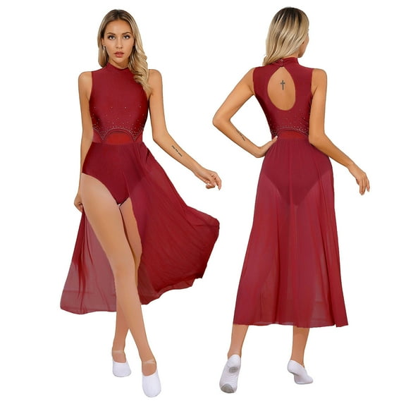 iiniim Women's Sleeveless Mock-Neck Cutout Back Lyrical Modern Dance Ballet Dress Burgundy S