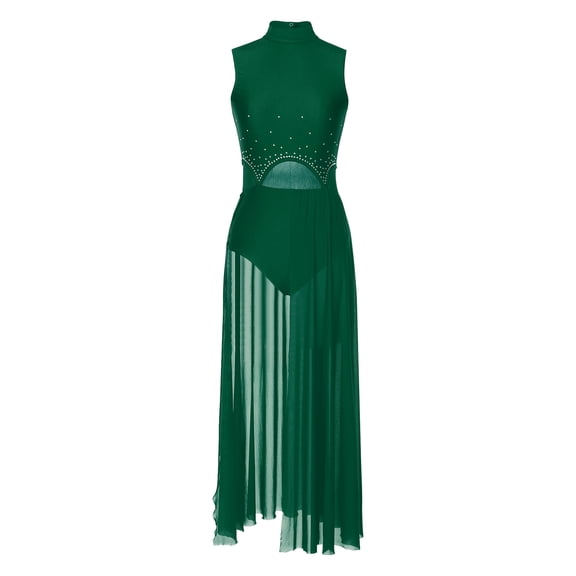 iiniim Women's Long Lyrical Dance Mesh Sleeveless Split Dress Modern Contemporary Dancewear Green M