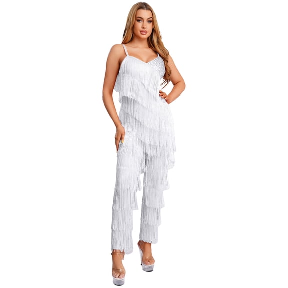 iiniim Women's Sleeveless Sequins Fringe Tassel Jumpsuit Latin Jazz Dance Retro 70s Party Wear White L