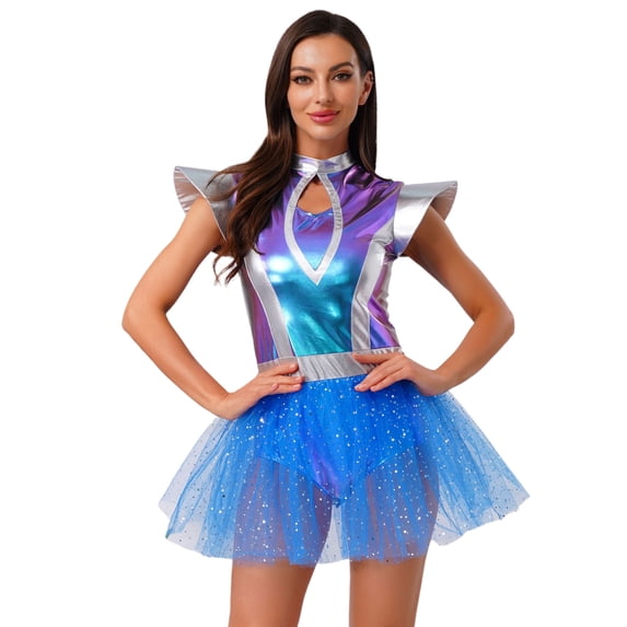 iiniim Women's Space Themed Alien Cosplay Dress Metallic Shiny Leotard Tutu Skirt for Halloween Carnivals Blue L