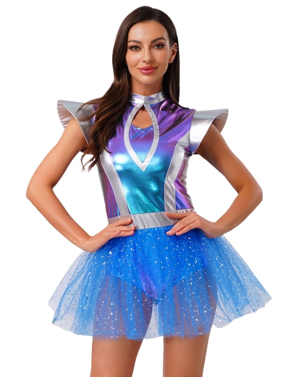 Women's Space Themed Alien Cosplay Dress Metallic Shiny Leotard Tutu Skirt for Halloween Carnivals Blue S