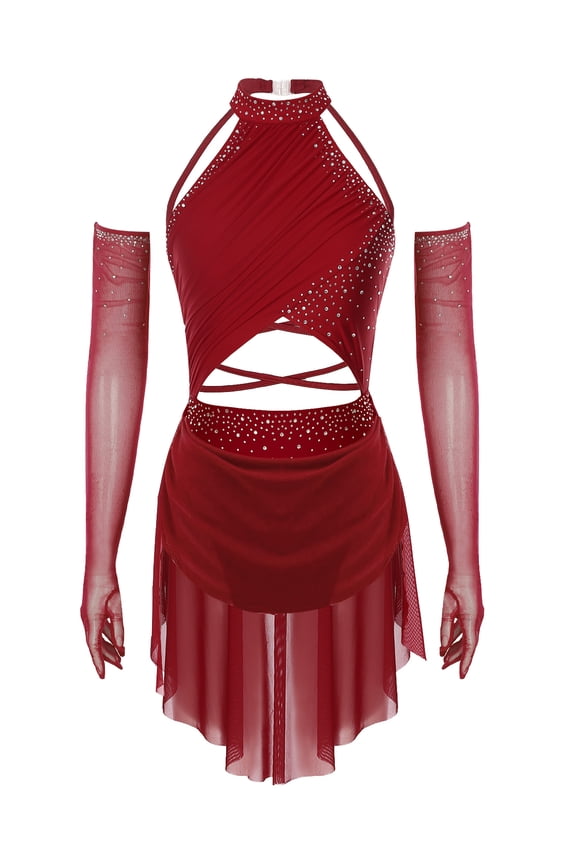 Women's Sparkly Figure Skating Dress with Gloves Ballet Leotard Lyrical Dance Costume Burgundy XXL