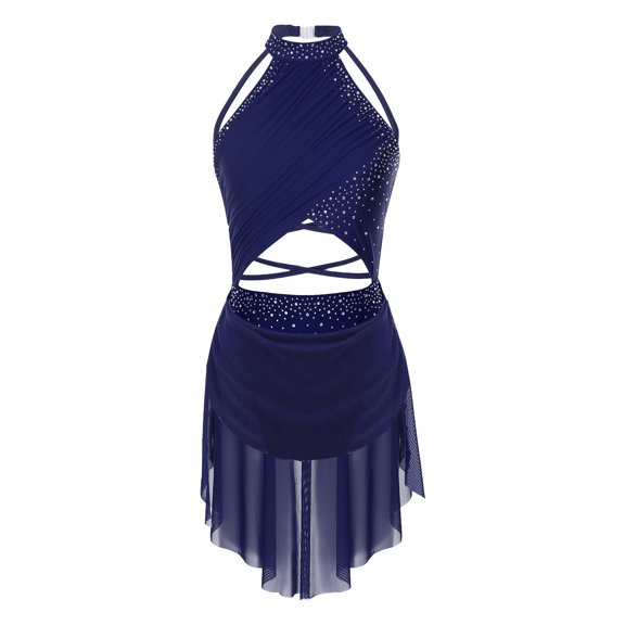 iiniim Women's Sparkly Lyrical Dance Costume Backless Skirted Leotard Modern Contemporary Dancewear Navy Blue S