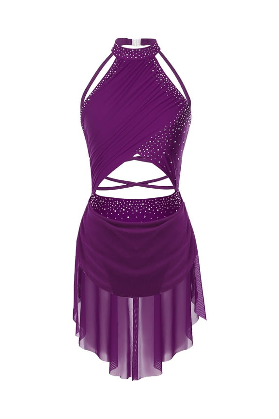 Women's Sparkly Lyrical Dance Costume Backless Skirted Leotard Modern Contemporary Dancewear Purple S