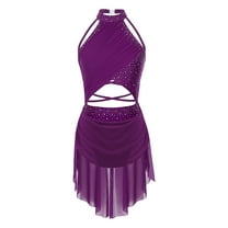 iiniim Women's Sparkly Lyrical Dance Costume Backless Skirted Leotard Modern Contemporary Dancewear Purple XL