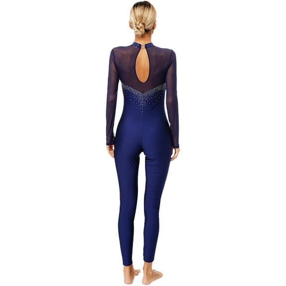iiniim Women's Sparkly Rhinestone Gymnastics Unitard Long Sleeve Sheer Mesh Ice Skating Jumpsuit Navy Blue L