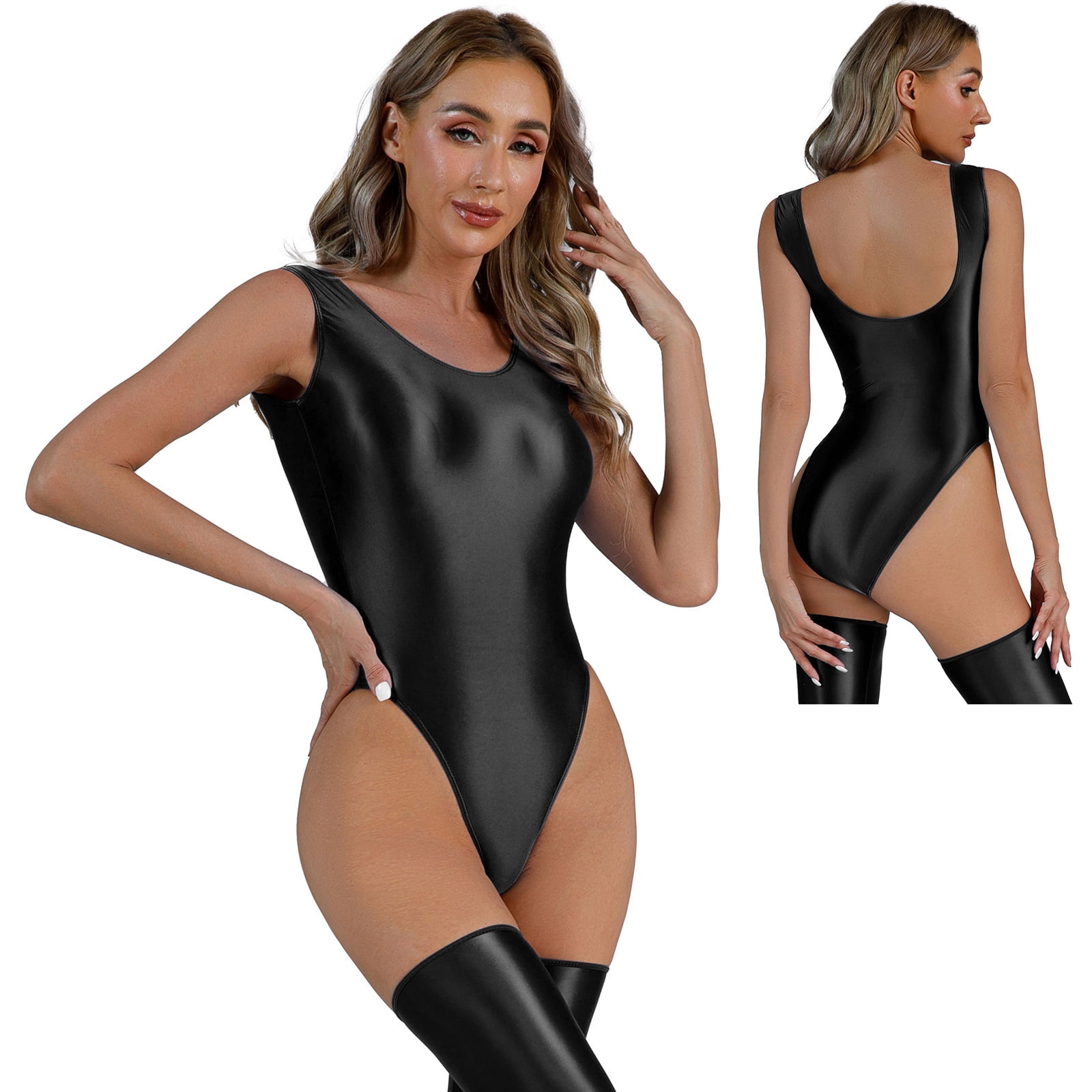 Women's Sexy Oil Glossy High Cut Thong Bodysuit Monokini Swimsuit
