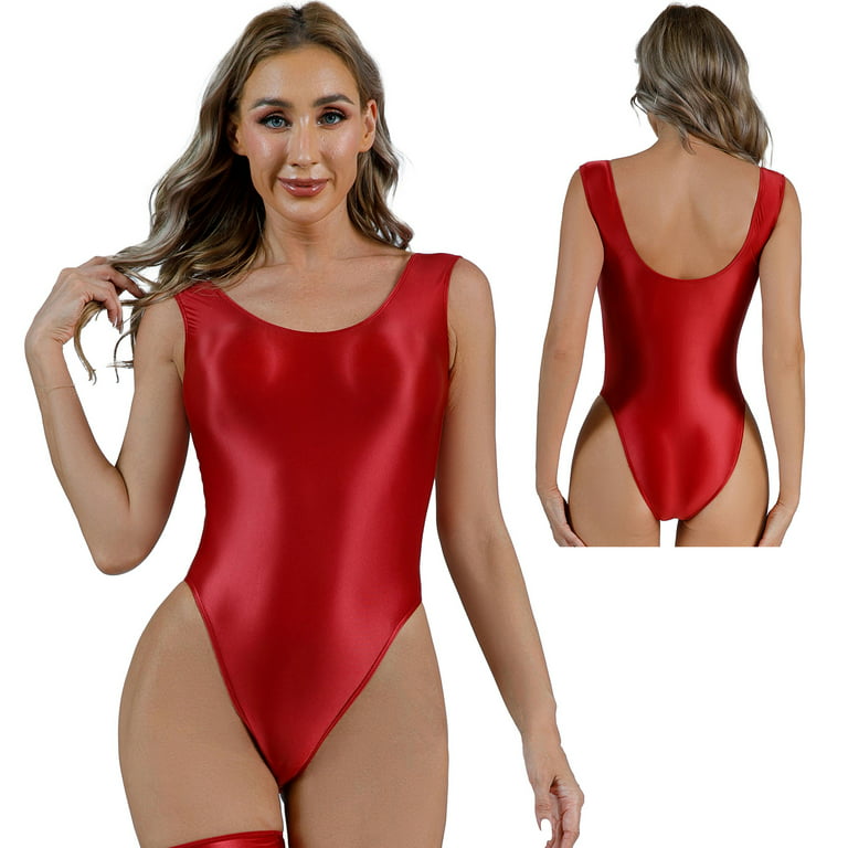 Womans Glossy Bodysuit Jumpsuit Round Neck Long Sleeve 1-piece Leotard  Swimsuits