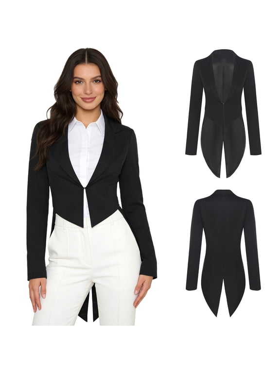 Women's Suit Balzer Long Sleeve Tailcoat Jackets Pageant Evening Cocktail Party Tuxedo Dress Coats Black L