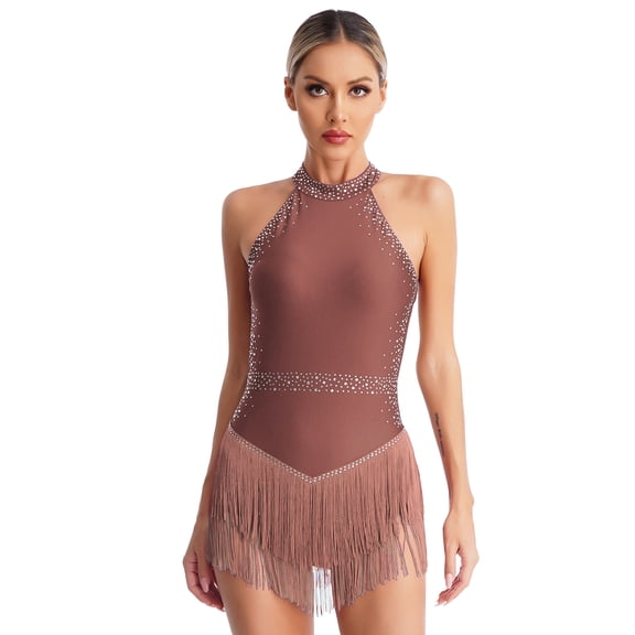 iiniim Women's Tassel Dance Dress Halter Neck Fringed Latin Ballroom Rumba Salsa Dusty Pink L