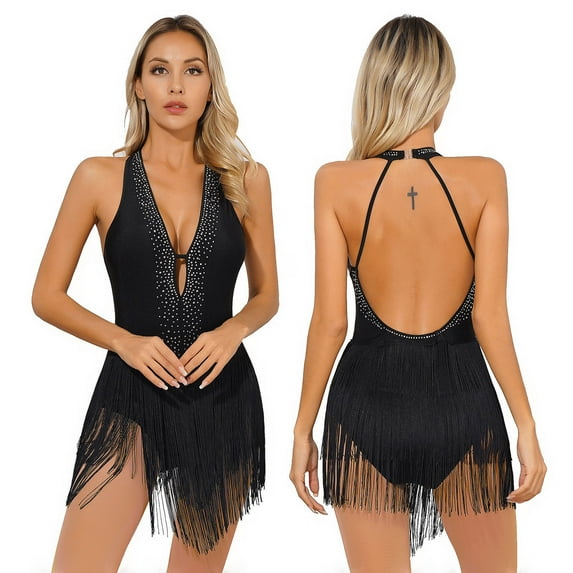 iiniim Women's Tassel Fringed Latin Jazz Dance Leotard Bodysuit Backless Lyrical Dance Costume Size S-XXL A Black XXL
