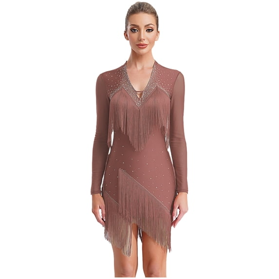 iiniim Women's V Neck Long Sleeve Fringe Latin Dance Tango Waltz Cocktail Party Dress Dusty Pink M
