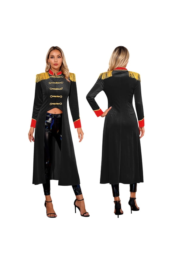 Women's Velvet Tailcoat Circus Ringmaster Showman Costume Tassel Steampunk Jacket Coat Black L