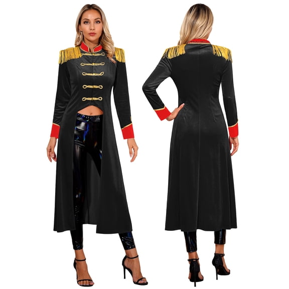 iiniim Women's Velvet Tailcoat Circus Ringmaster Showman Costume Tassel Steampunk Jacket Coat Black XXL