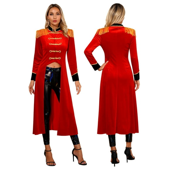 iiniim Women's Velvet Tailcoat Circus Ringmaster Showman Costume Tassel Steampunk Jacket Coat Red 3XL