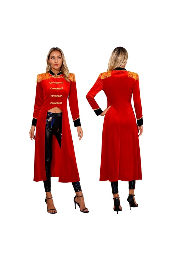 Women's Velvet Tailcoat Circus Ringmaster Showman Costume Tassel Steampunk Jacket Coat Red XL