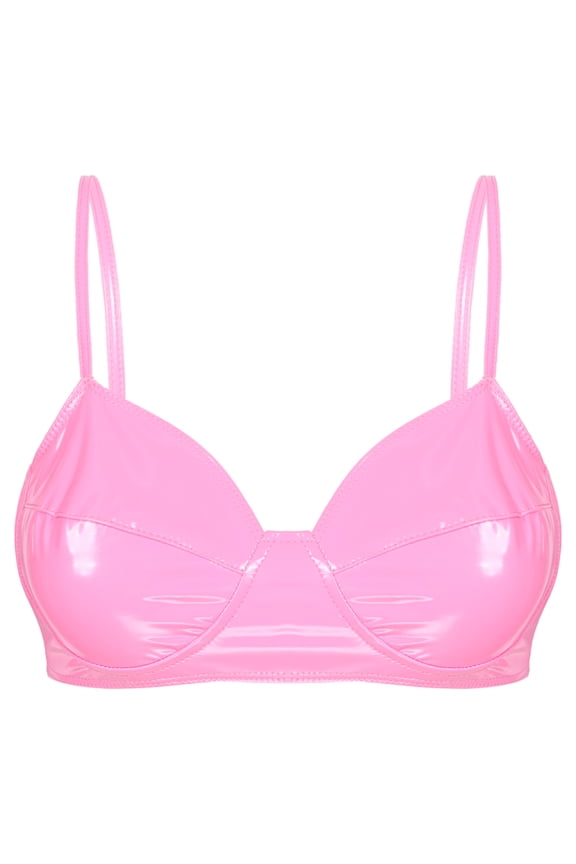 Women's Wet Look Faux Leather Wire-free Unlined Bra Top Triangle Bralette Underwear Pink 5XL